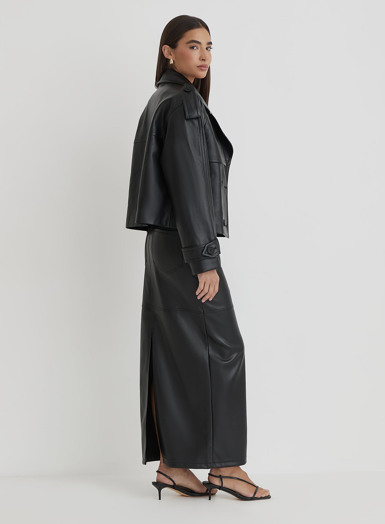 Black Faux Leather Cropped Trench Coat